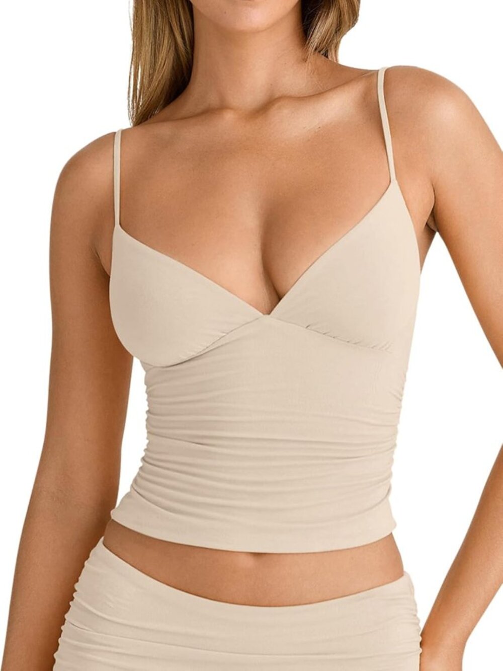 Women's Beige V Neck Ruched Sleeveless Spaghetti Double Layer Fitted Tank Tops